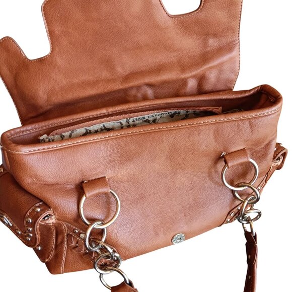 Montana West Western Style Brown Faux Leather Handbag Studded Cross Buckle - Picture 7 of 10
